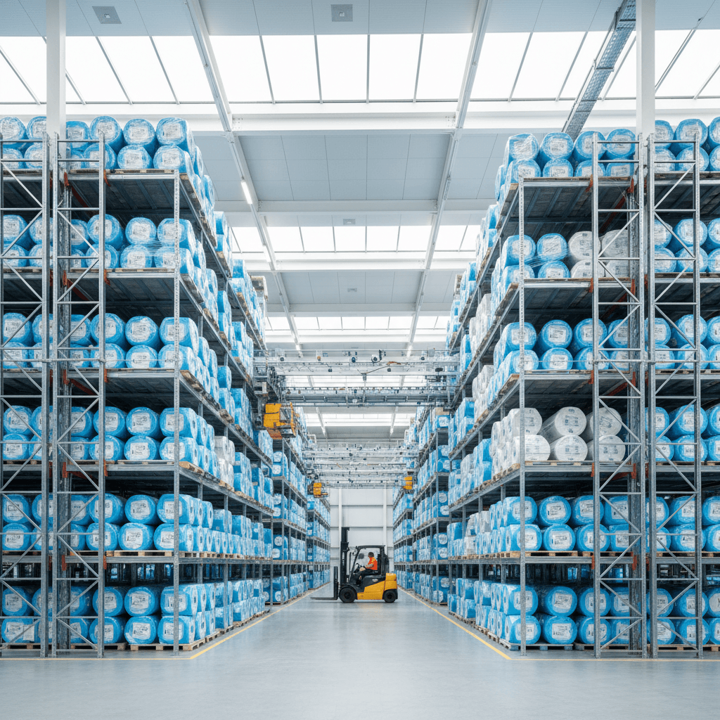 Organized plastic raw material inventory in modern warehouse