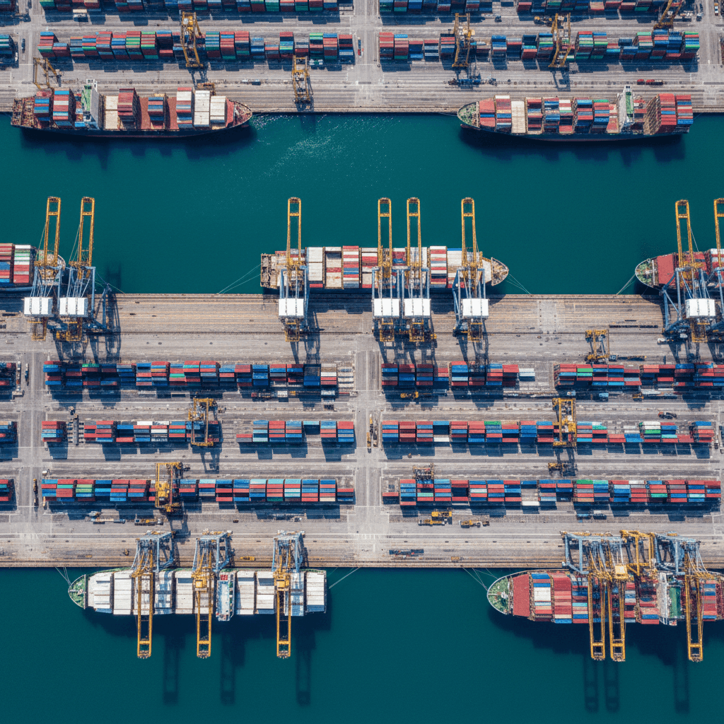 Global footprint - international shipping port with cargo containers