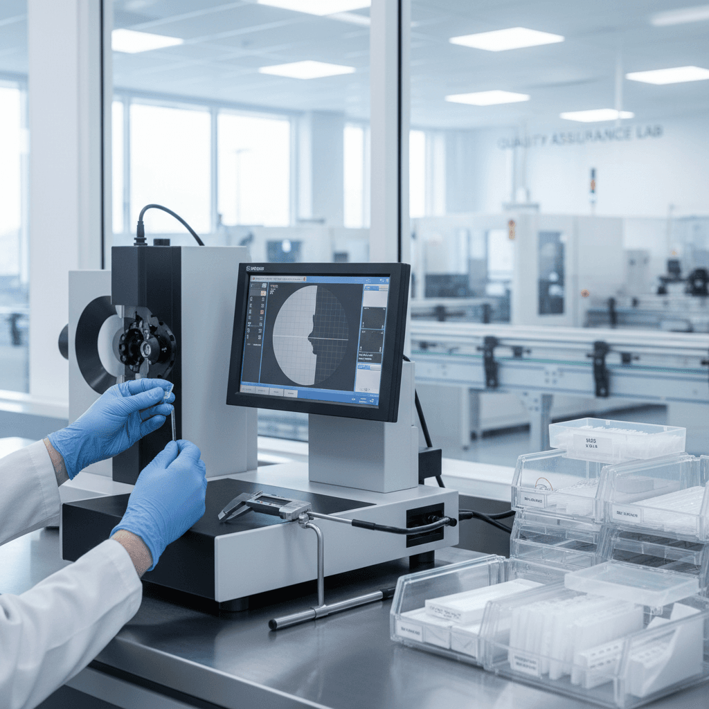 Technician in gloves examining product sample using precision testing equipment in modern laboratory setting
